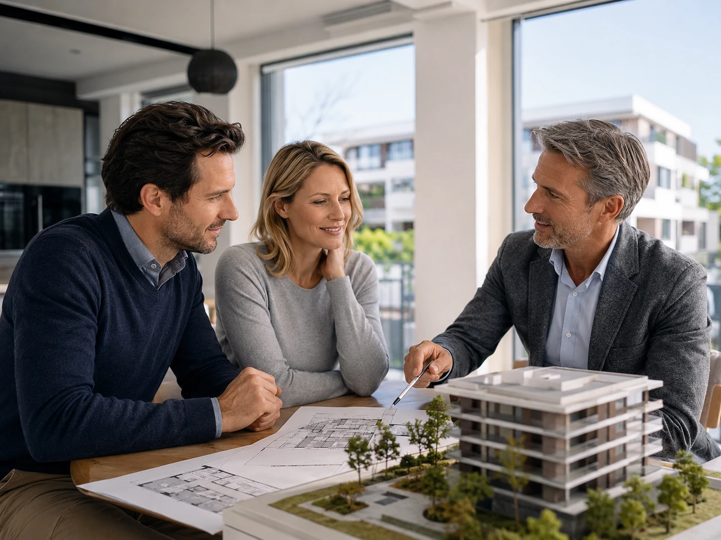Paar und Immobilienberater besprechen ein Wohnprojekt